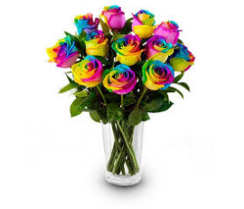 Fr00111rainbow roses bouque in vase $199.99(12stems);$379.99(24STEMS)